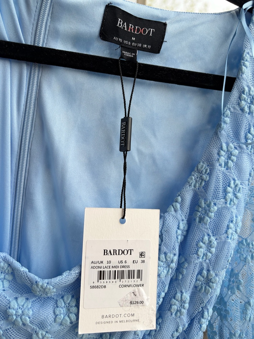 🆕🦋Bardot Adoni Lace Maxi Dress Blue Bodycon Cornflower Bridgerton Style Size M 6 - Picture 15 of 17